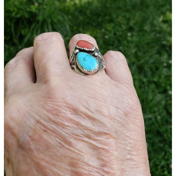 Vintage NA Turquoise Coral Native American Sterling Silver Ring Signed AR RR - Picture 13 of 15
